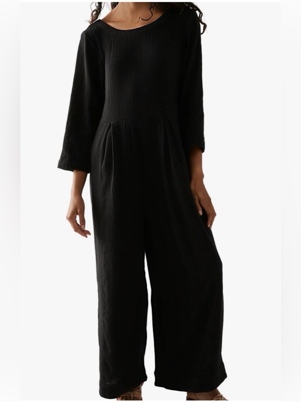 Free People Black Quarter Sleeve Shiloh Linen Jumpsuit